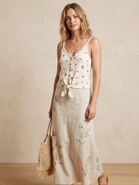 Wild Fable Cream Floral Ribbed Button-Front Tie-Hem Cami Tank Top Medium